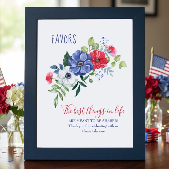 Poster Sinal de Mesa de Favor Floral Vermelho Branco e Az (Favor Table Sign with red white and blue floral bouquet - perfect for patriotic themed celebrations)
