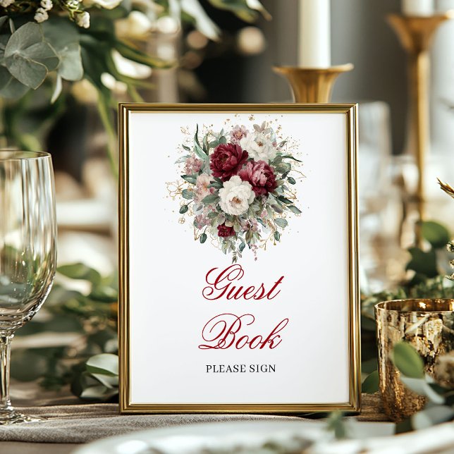 Poster Sinal de Mesa de Livro de Visitas Artístico Rosa B (Artistic Blush Burgundy Guest Book Tabletop)