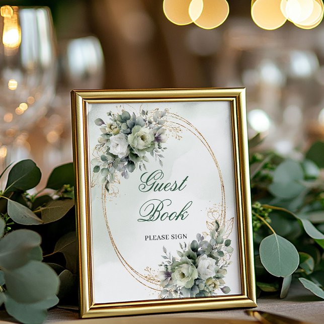 Poster Sinal de Mesa de Livro de Visitas Botânico Verde E (Dusty Green Botanical Guest Book Tabletop Sign)