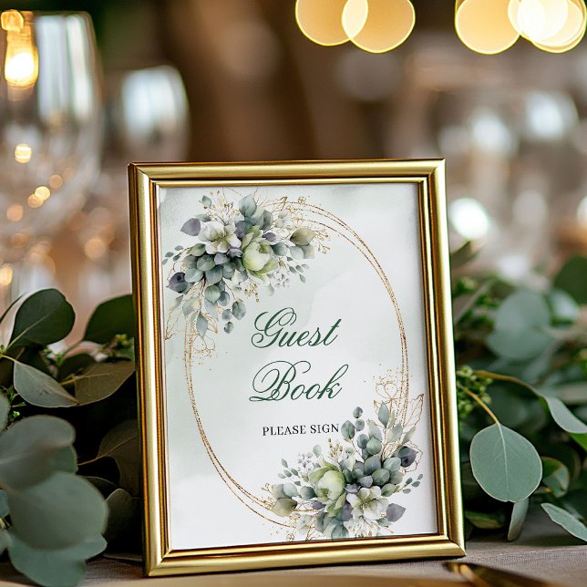 Poster Sinal de Mesa de Livro de Visitas de Eucalipto Ver (Dusty Green Eucalyptus Guest Book Tabletop Sign)