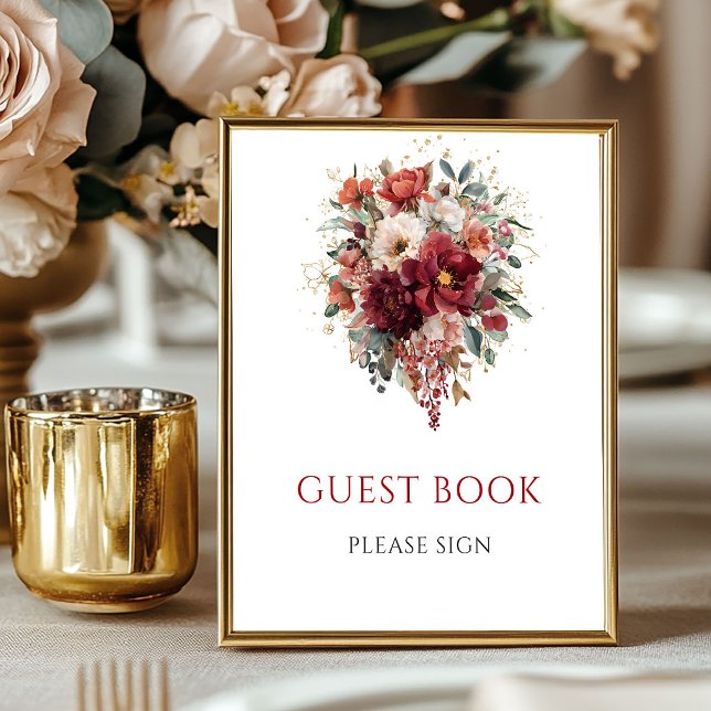 Poster Sinal de Mesa de Livro de Visitas de Flores de Out (Burgundy Boho Fall Flowers Guest Book Tabletop

)
