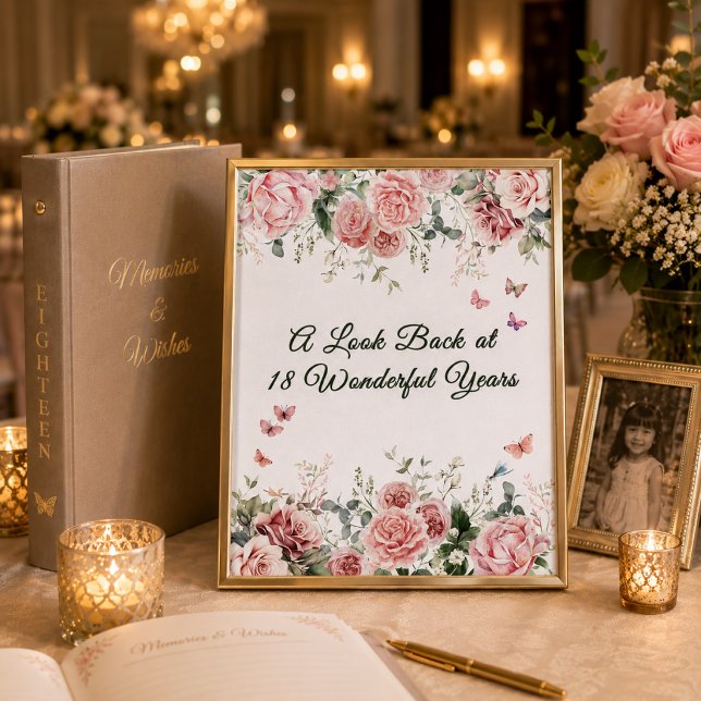 Poster Sinal de Mesa de Memória de Borboleta (Elegant framed memory table sign with blush roses, butterflies, and romantic debut styling.)