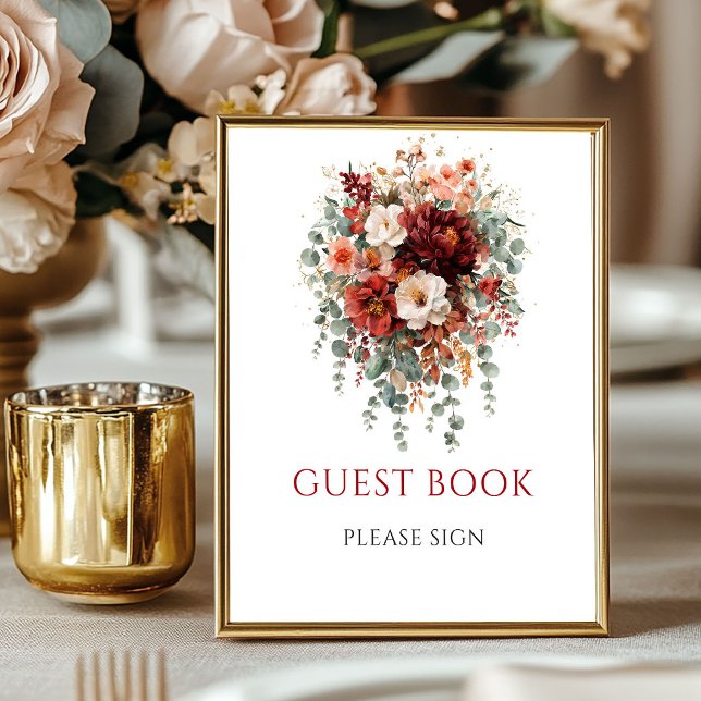 Poster Sinal de Mesa de Registro de Convidados Boho Eucal (Deep Red Boho Eucalyptus Guest Book Tabletop

)
