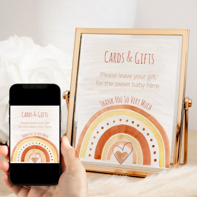 Poster Sinal de Mesa do Chá de fraldas Neutro do Arco-Íri (Neutral Rainbow baby shower cards and gifts sign)