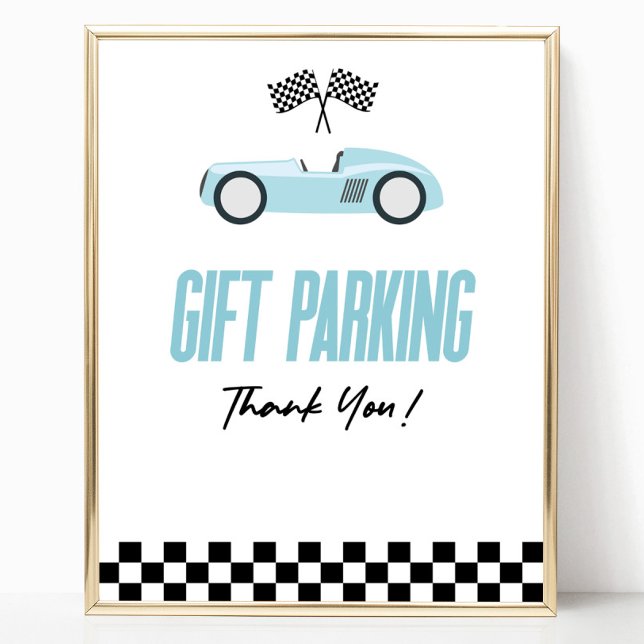 Poster Sinal de Mesa do Gift Parking Blue Race Car (Criador carregado)