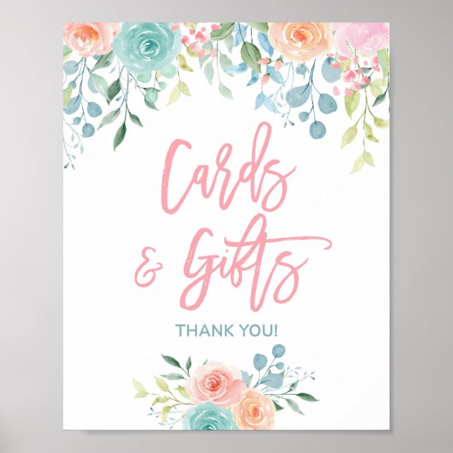 Poster Sinal de Mesa do Pastel Floral Cards & Gifts Party (Frente)