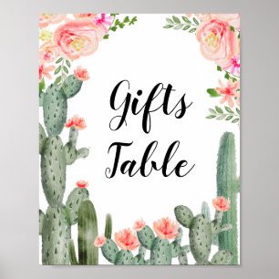Poster Sinal de Mesa dos Presentes de Cactus Floral Rosa