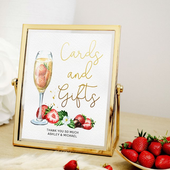 Poster Sinal de Mesa para Chá de Noiva com Champanhe e Mo (Cards and Gifts sign from my Strawberries and Champagne bridal shower collection)