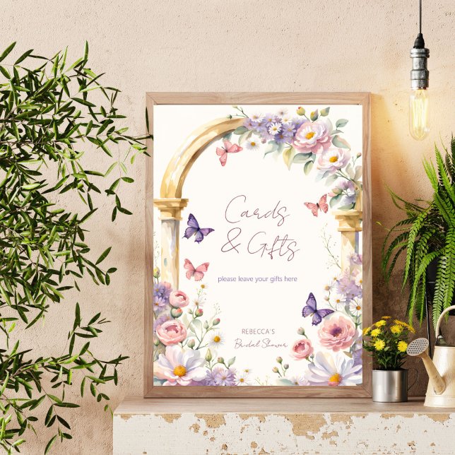 Poster Sinal de mesa para chá de panela de primavera de v (Butterflies spring summer bridal shower table sign editable template digital personalized decor )