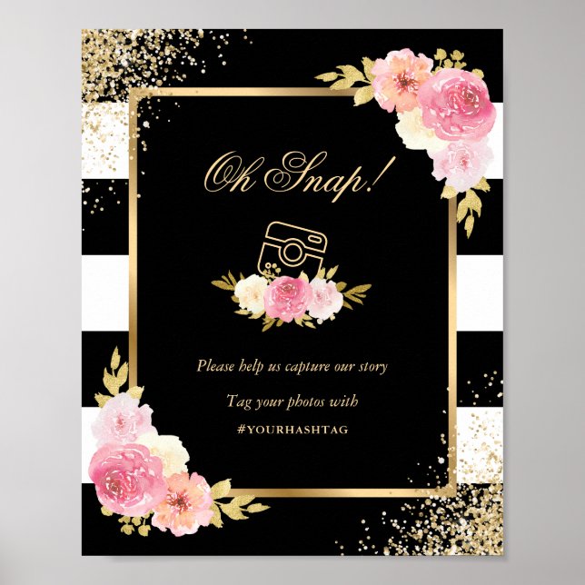 Poster Sinal de Mídia Social de Casamento Floral Dourado  (Frente)