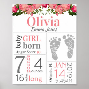 Poster Sinal de Nascimento de Rapariga Pink Pegada Floral