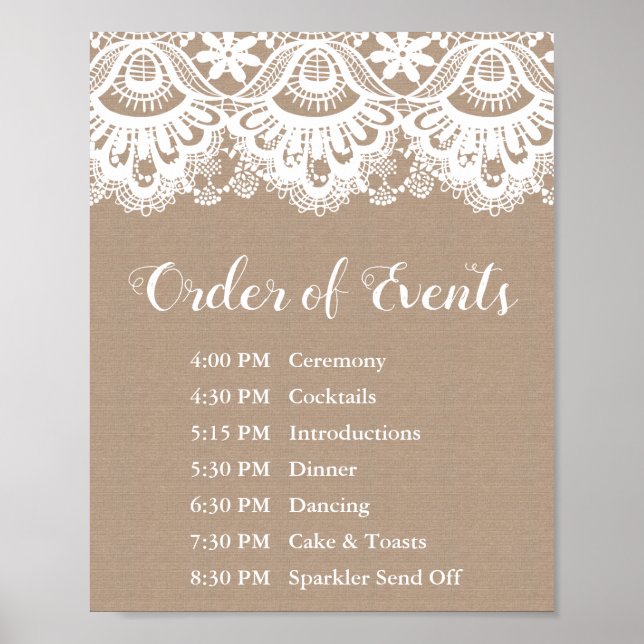 Poster Sinal de Ordem de Casamento de Burlap e Lace (Frente)