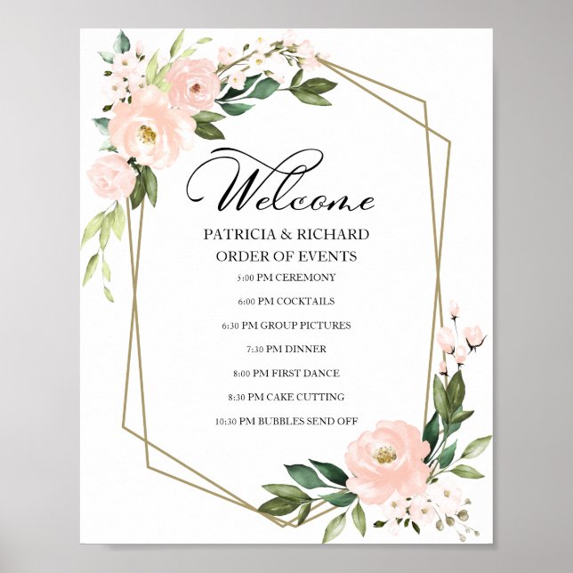 Poster Sinal de Ordem de Casamento Floral de Blush (Frente)