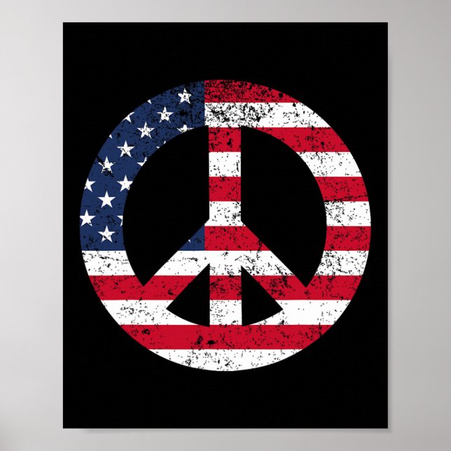 Poster Sinal de Paz Bandeira Patriótica dos EUA Paz e Amo (Frente)