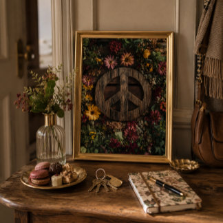Poster Sinal de paz em madeira rústica com flores silvest