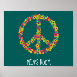 Poster Sinal de paz Hippy flores sala de meninas