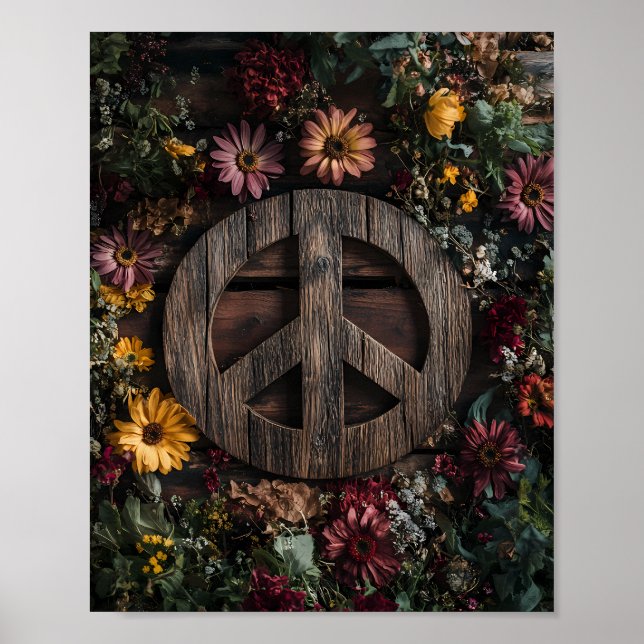 Poster Sinal de paz russo em madeira com flores silvestre (Frente)