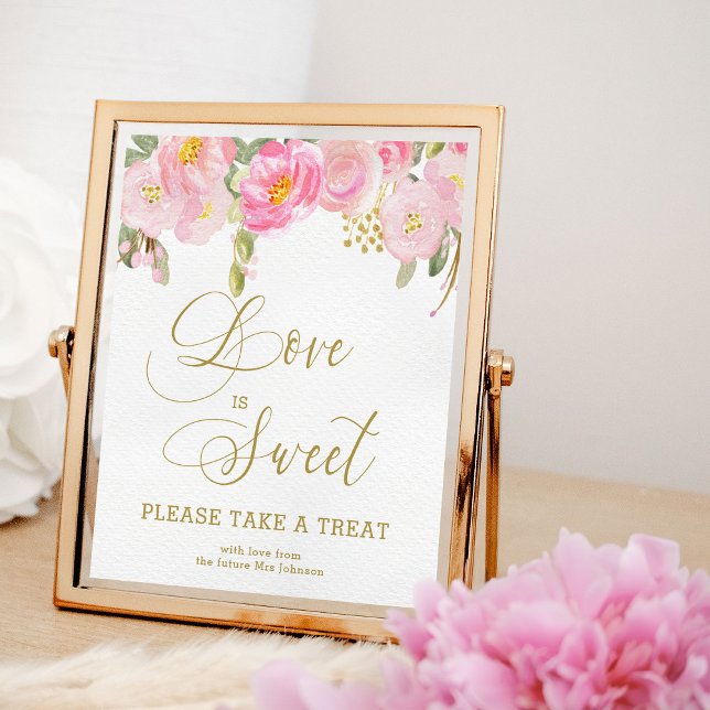 Poster Sinal de Pegue um Tratamento de Caligrafia Rosa Fl (Favor sign from my Pink and Gold Watercolor Floral Bridal Shower Collection)