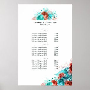 Poster Sinal de Preços e Serviços Florais Turquesa e Cora