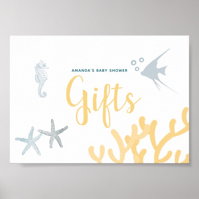 Poster Sinal de presentes de baby shower com tema Oceano  (Frente)