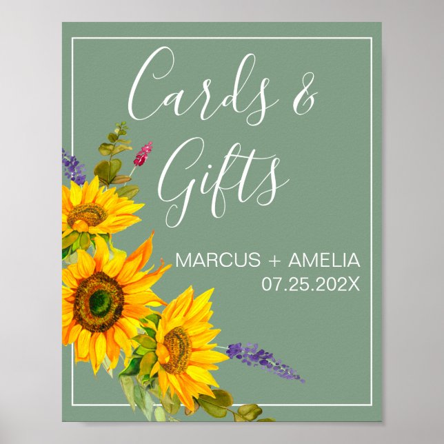 Poster Sinal de presentes de sunflores no casamento verde (Frente)