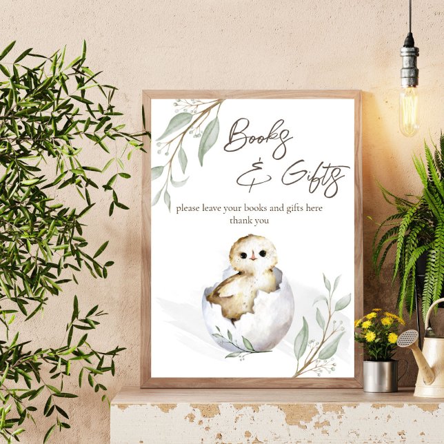 Poster Sinal de presentes nos livros de chás de fraldas d (Hatching soon bird baby shower books and gifts table sign sweet little bird spring baby shower)