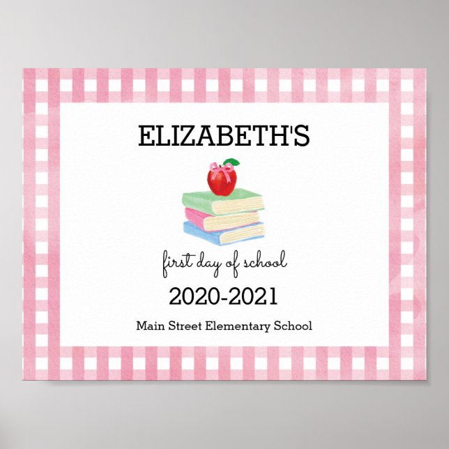 Poster Sinal de Primeiro Dia da Escola Gingham Apple (Frente)