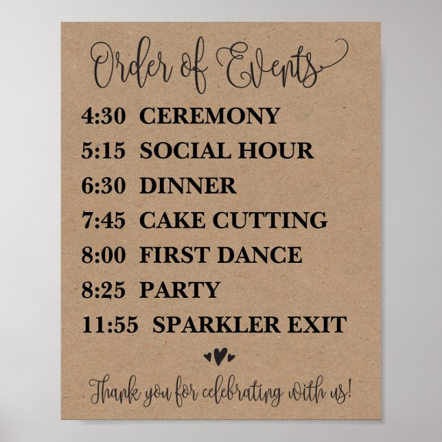 Pôster Sinal de Programação de Casamento de Eventos (Frente)