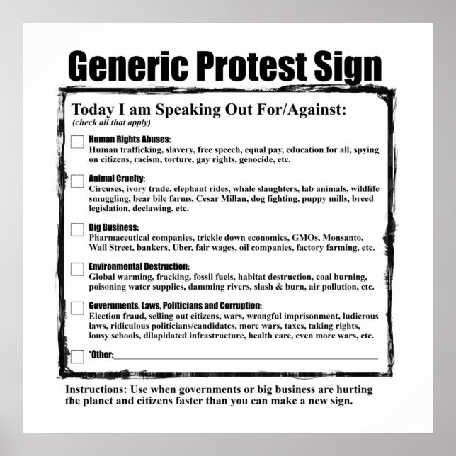 Pôster Sinal de Protesto Genérico Humorístico (Frente)