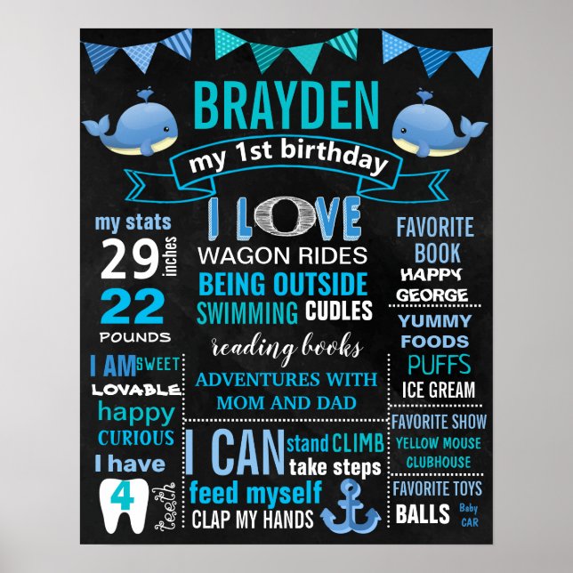 Poster Sinal de quadro de aniversário da baleia para um m (Frente)