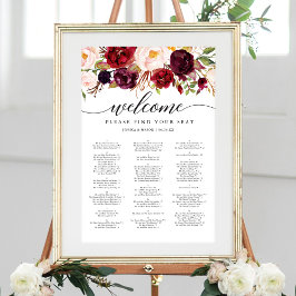 Poster Sinal de Quadro de Assentos de Casamento Burgundy 