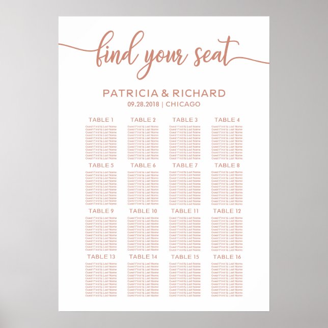 Poster Sinal de Quadro de Assentos de Casamento em Rose G (Frente)