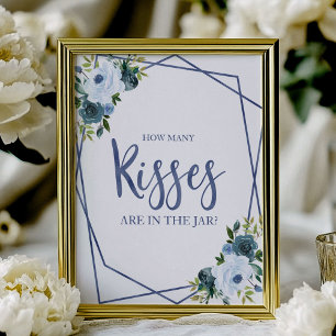 Poster Sinal de Quantos Beijos Floral em Aquarela Azul Em