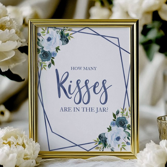 Poster Sinal de Quantos Beijos Floral em Aquarela Azul Em (Criador carregado)