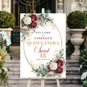 Poster Sinal de Quinceanera Floral Borgonha Tendência