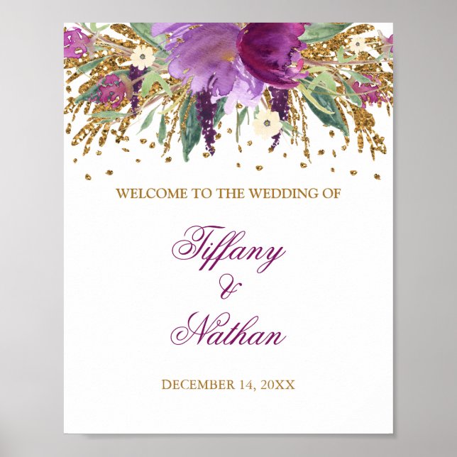 Pôster Sinal de Recepção de Casamento Brilho Roxo Ametist (Frente)