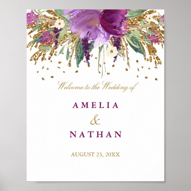 Pôster Sinal de Recepção de Casamento Floral Brilho Âmbar (Frente)