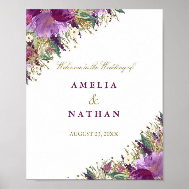 Poster Sinal de Recepção de Casamento Floral Roxo Brilho (Frente)