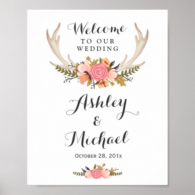 Poster Sinal de Recepção de casamento Floral Rustic Deer  (Frente)