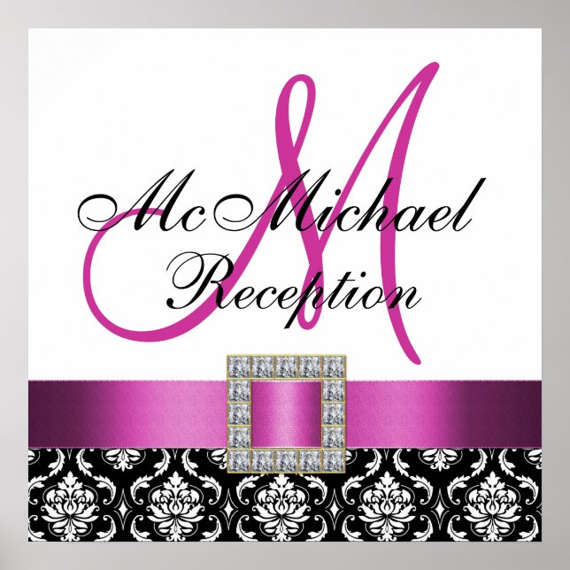 Pôster Sinal de recepção do Casamento tema damasco preto- (Frente)