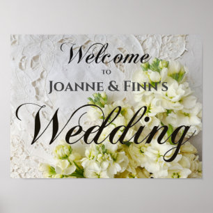 Poster Sinal de renda velha com flores brancas