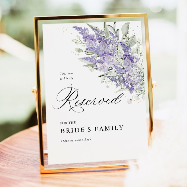 Poster Sinal de Reserva de Casamento Floral Lavanda & Ver (Lavender sage green floral reserved seating sign for wedding ceremony, elegant watercolor flowers)
