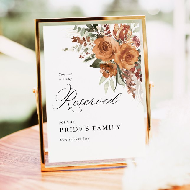 Poster Sinal de Reserva de Casamento Floral Rosa Boho Ter (Terracotta rose floral reserved wedding sign for bride’s family, elegant boho garden seating décor)