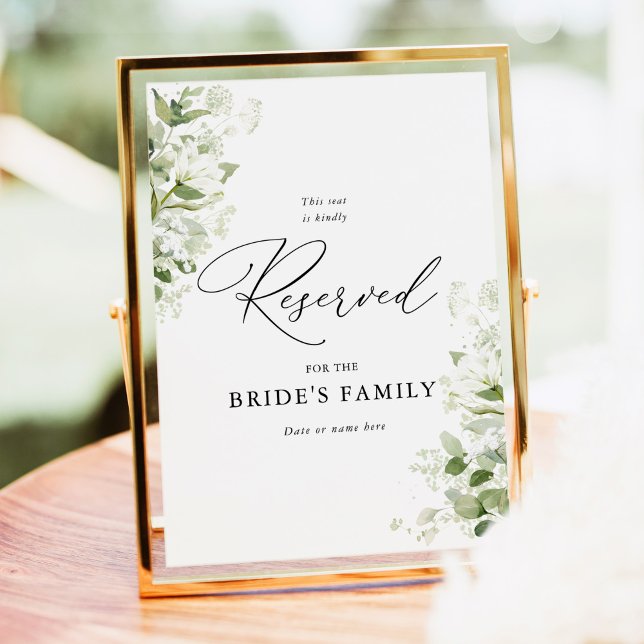Poster Sinal de Reserva de Casamento Verde Salvia com Veg (Sage green wedding reserved seating sign with organic greenery florals for ceremony family seating)