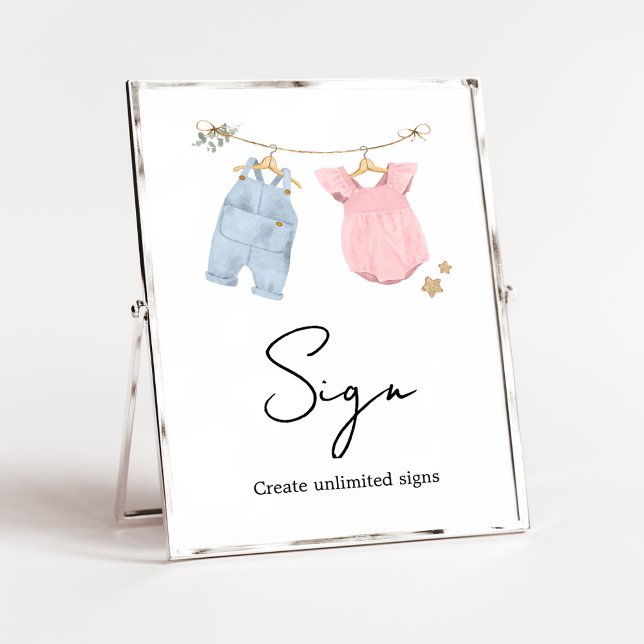 Poster Sinal de Revelação de Gênero de Roupas de Bebê Boh (Boho Baby Clothesline Baby Shower Custom Sign)