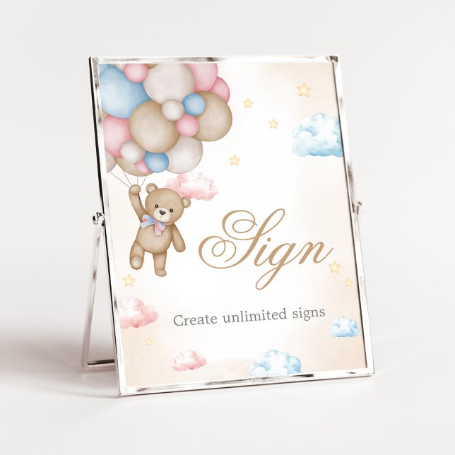 Poster Sinal de Revelação de Gênero Mal Podemos Esperar (Bear Balloon He or She Gender Reveal Custom Sign)