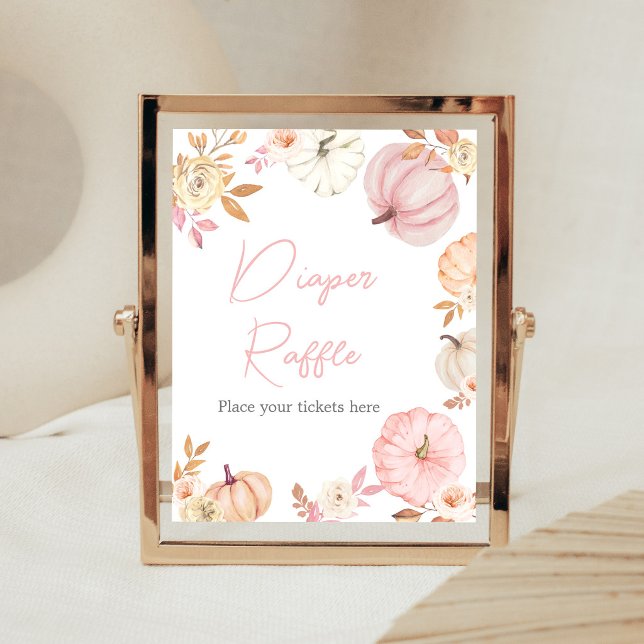 Poster Sinal de Rifa de Fraldas Pequena Abóbora Rosa de O (Girl Little Pumpkin Fall Baby Shower Diaper Raffle Sign)