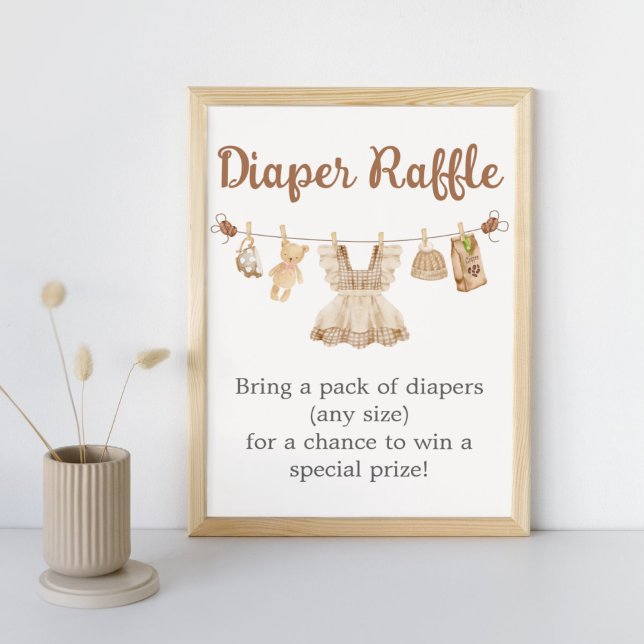 Poster Sinal de Rifas de Fraldas para Chá de Bebê Café Br (Coffee Little Bean Clothesline Baby Shower Diaper Raffle Sign)