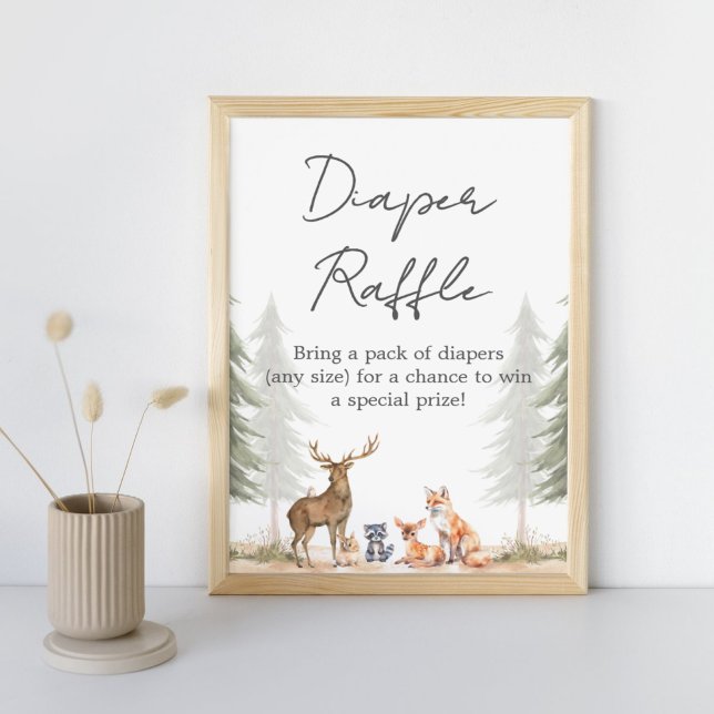 Poster Sinal de Rifas de Fraldas para Chá de Bebê Começa  (Let the Adventure Begin Woodland Baby Shower Diaper Raffle Sign)
