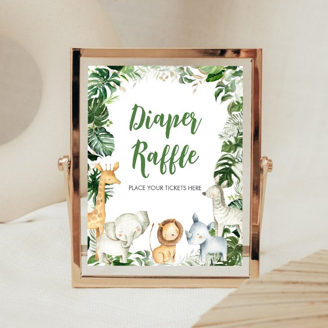 Poster Sinal de Rifas de Fraldas para Chá de Bebê Safari  (Greenery Jungle Baby Shower Diaper Raffle Sign)